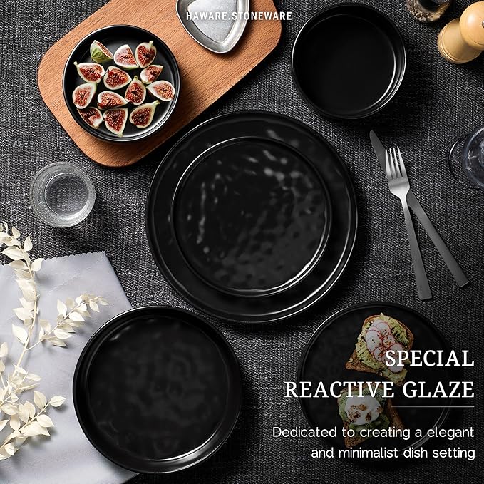 HaWare Dinnerware Sets 18-Piece Plates and Bowls Set Stoneware Dish Set for 6 Ceramic Dinnerware for Home Restaurant Chip and Scratch Resistant Microwave and Dishwasher Safe Matte Black