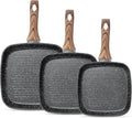 3-Piece Nonstick Grill Pan Set Square Griddle Pans with Wooden Handle Compatible with All Stovetops Ideal for Steak BBQ &amp Vegetables 9.5 10.2 11 Black