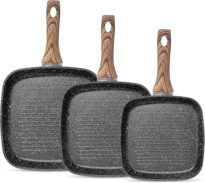 NEWBULIG 3-Piece Nonstick Grill Pan Set Square Griddle Pans with Wooden Handle Compatible with All Stovetops Ideal for Steak BBQ &amp Vegetables (9.5 10.2 11) Black