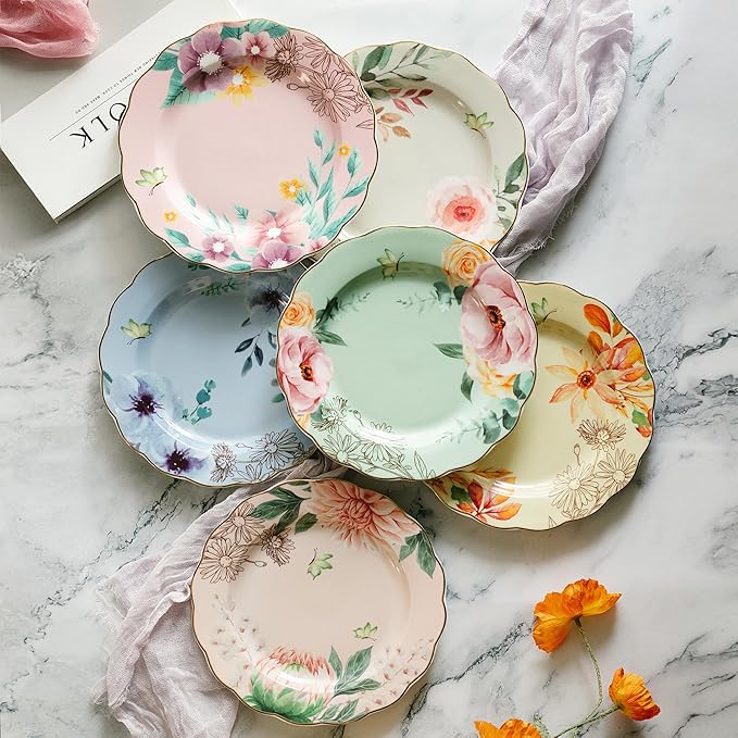 BTaT- Porcelain Floral Plates 8 inch Set of 6 Royal Dessert Plates Appetizer Plates Floral Plates Salad Plates Small Plates Small Plates Set Small Dishes Dinnerware