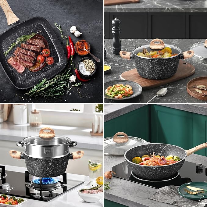 VOTTGO 31 Pcs Pots and Pans Set Non Stick Black Granite Induction Cookware Set Non Toxic Healthy RV Kitchen Cooking Set with Silicone Tools and Pot Protectors PFOA PFOS PFAS Free