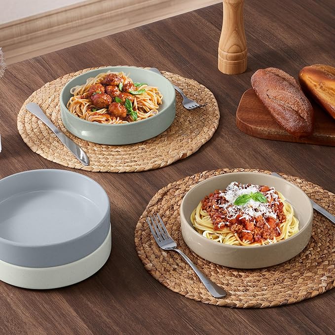 E-far Stoneware Dinnerware Sets with Pasta Bowls Set of 4 Bundle 12PCS Plates and Bowls Dish 35oz Ceramic Large Salad Bowl Plates for Serving Soup Dinner Microwave Safe Speckled Multicolor