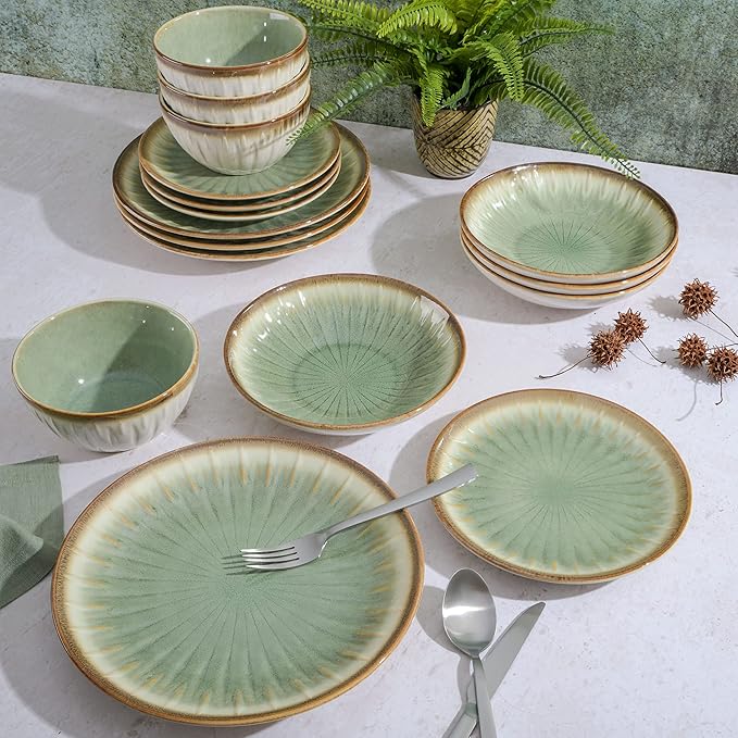 Gibson Elite Mayfair Bay 16-Piece Embossed Double Bowl Dinnerware Set Service for 4 – Green Stoneware Plates and Bowls