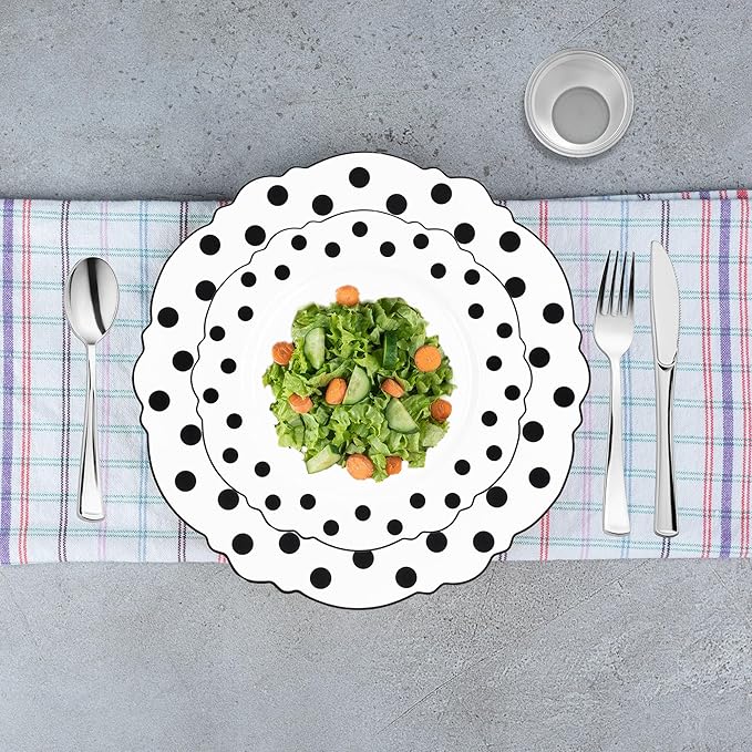 Smarty Had A Party Disposable Dinnerware Set 240 Pcs White with Black Dots Design 120 Dinner and 120 Salad Plates Heavy Duty Tableware for Weddings and Parties