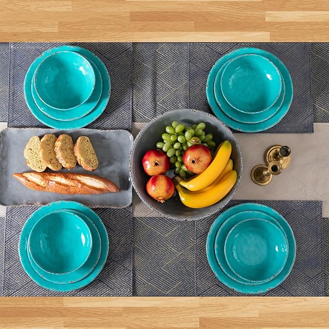 Farmhouse Melamine Plates and Bowls Set Set of 4 BPA Free 100% Melamine 12 Piece Vintage Dishes Dinnerware SetsDishwasher Safe Teal