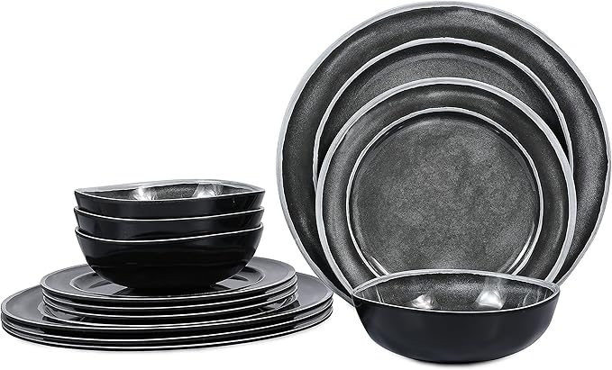 Melamine Dinnerware Sets- 12pcs Melamine Plates and Bowls Set for 4 Suitable for Indoor and Outdoor Use Black