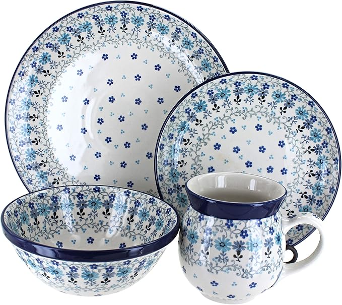 Blue Rose Polish Pottery - Blue Celeste 4 PC Place Setting - Service for 1-1 Place Setting - Great for Everyday Dining Casual Dining or as Formal Dinnerware