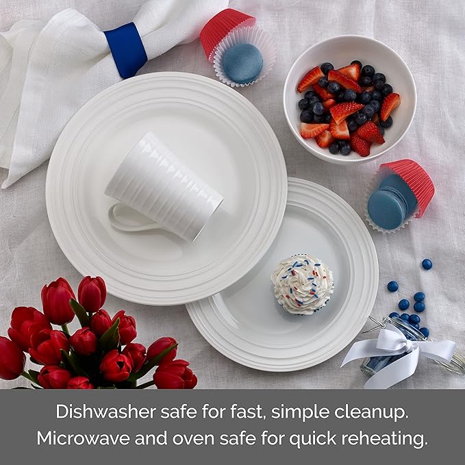 Mikasa Ciara 16 Piece Bone China Dinnerware Set Service for 4 Lightweight and Durable Plates Bowls and Mugs Elegant White Dinnerware for Everyday Use