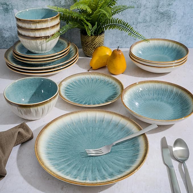 Gibson Elite Mayfair Bay 16-Piece Embossed Double Bowl Dinnerware Set Service for 4 – Blue Stoneware Plates and Bowls
