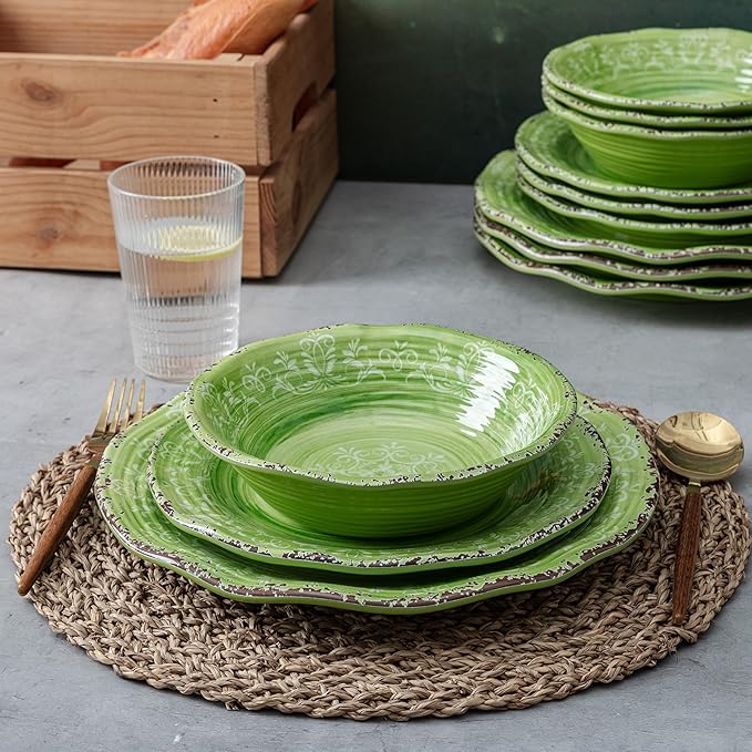 LEHAHA Melamine Dishes Unbreakable Dinnerware Sets 12 Piece Farmhouse Rustic Swirl Plates and Bowls Set for Outdoor Picnic RV Camping &amp Everyday Use Service for 4 Green