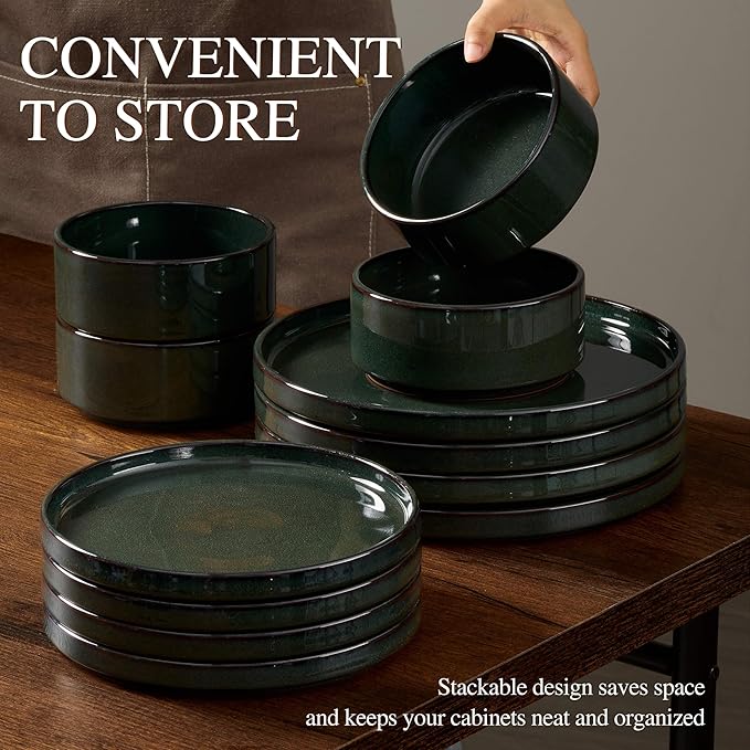 Vesteel 12-Piece Dinnerware Set Ceramic Tableware Reactive Glaze Plates and Bowls Sets Healthy Yixing Purple Clay Dishes Set Dishwasher &amp Microwave Safe - Blackish Green