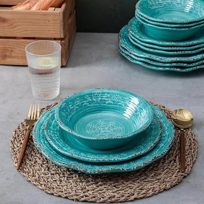 LEHAHA 12pcs Melamine Dinnerware Set .Service for 4 Farmhouse plates and bowls dishes sets Non-breakable Lightweight Dining Serving TablewareGreat for PartyCamping and RV Dishwasher Safe Teal