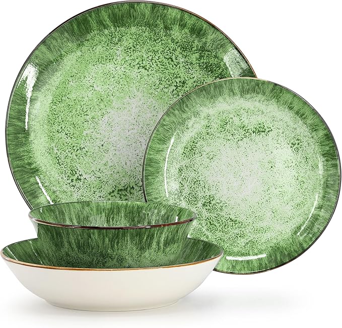 Elama Oceanus 16 Piece Round Shape Porcelain Double Bowl Dinnerware Set Tableware Set Table Setting- Service for 4 (Green)