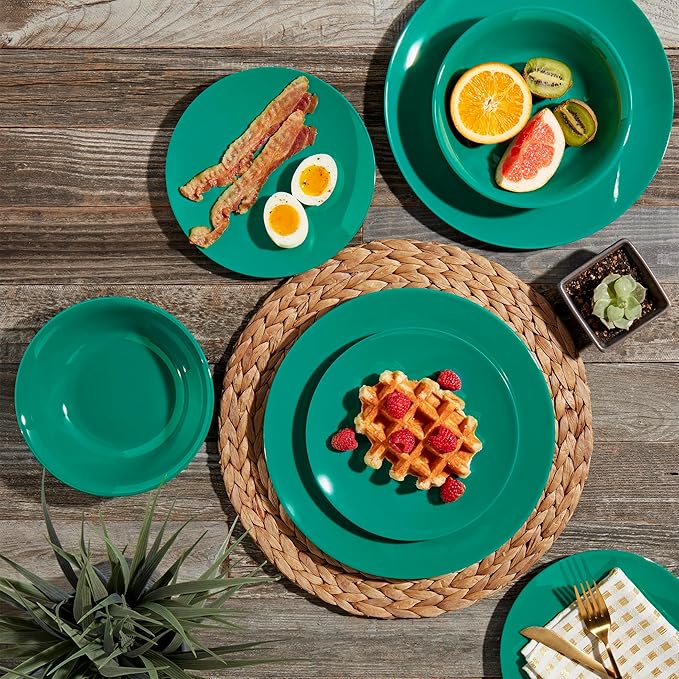 Tabletops Gallery 12 Piece Dark Green Melamine Dinnerware Set Plates Bowls for Indoor Outdoor Use Service for 4 Emerald