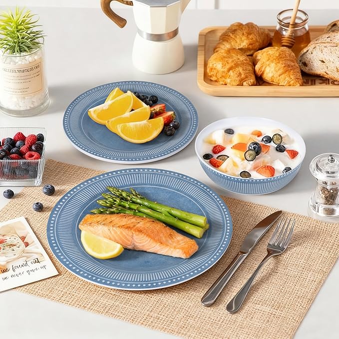 AELS Melamine Dinnerware Set of 12 Pcs Dinner Dishes Set for Indoor and Outdoor Use Melamine Plates and Bowls Set for 4 Dishwasher Safe Lightweight Unbreakable BPA Free Soft Blue
