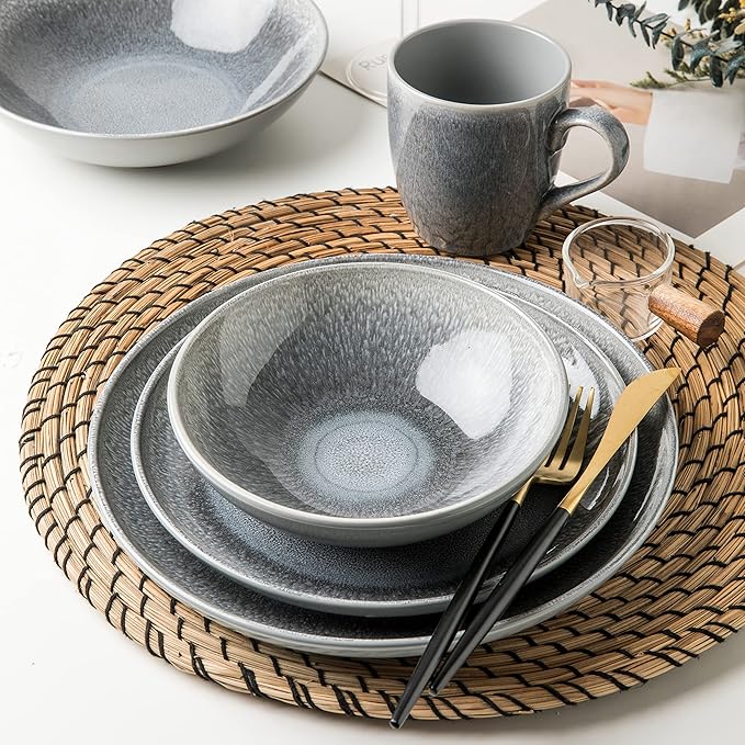 FAIT Round Stoneware 16pc Double Bowl Dinnerware Set for 4 Dinner Plates Side Plates Cereal Bowls Pasta Bowls - Reactive Glaze Grey (439699)