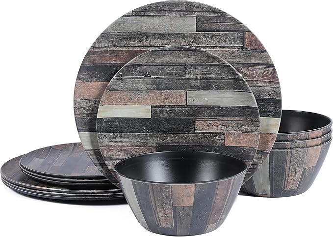 Wood Grain Melamine Dinnerware Set – 12 Piece Plates and Bowls Break-Resistant Dinner Plates for Everyday Use Heavy Duty Dishwasher Safe Camping Party Indoor Outdoor Dining