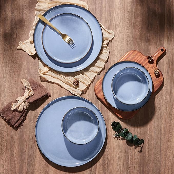 E-far 6-Piece Reactive Glaze Dinnerware Sets Ceramic Dishes Set for 2 Stoneware Plates and Bowls Dinning Ware Microwave &amp Dishwasher Safe - Ocean Blue