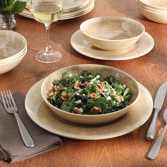 Gibson Home Casper Court 16-Piece Melamine Dinnerware Set – Beige Reactive Glaze Look Plates and Bowls Service for 4 – Top Rack Dishwasher Safe Everyday Dining Set