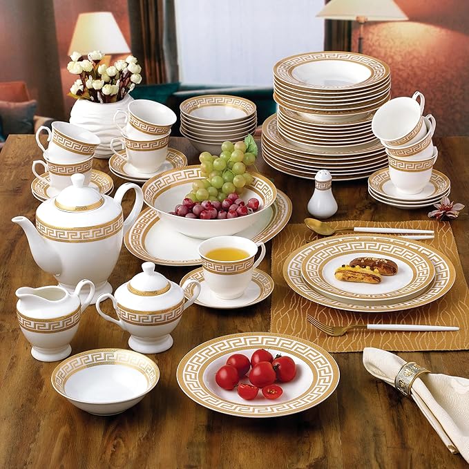 G1347-57G 57-PCs Bone China Porcelain Dinnerware Set Antique Greek Designed Tableware Set Dining Table Setting for 8 Set of 57