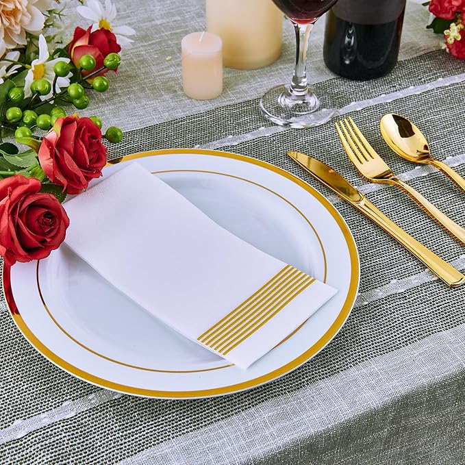Vplus 100 Piece 10 Inch Gold Plastic Plates Disposable Heavy Duty White Elegant Durable Dinner Plastic Party Plates with Gold Rim Perfect for Party Christmas