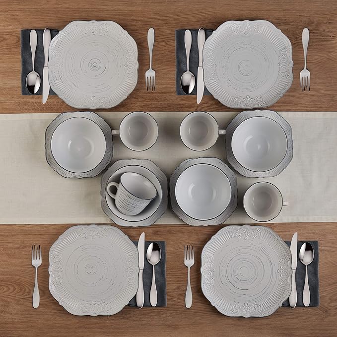 Pfaltzgraff Isabella 16-Piece Stoneware Dinnerware Set Service for 4 - Handpainted Unique Glazed Finish - Includes Dinner Plates Salad Plates Bowls Mugs - Dishwasher &amp Microwave Safe (Gray)