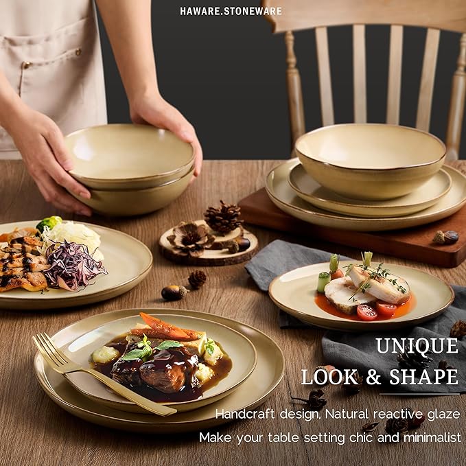 HaWare Dinnerware Sets 24-Piece Stoneware Plates and Bowls Set Dish Set for 8 Ceramic Dishware for Home Restaurant Chip and Scratch Resistant Microwave and Dishwasher Safe Reactive Sandy Khaki