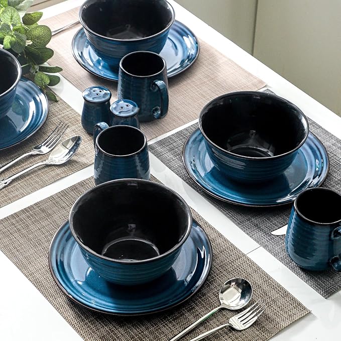 Hasense Dinnerware Set 10-Piece Ceramic Dinnerware Set Deep Bowls and Plate Set Blue Handmade Reactive Glaze Dishes Dishwasher Oven Microwave Safe