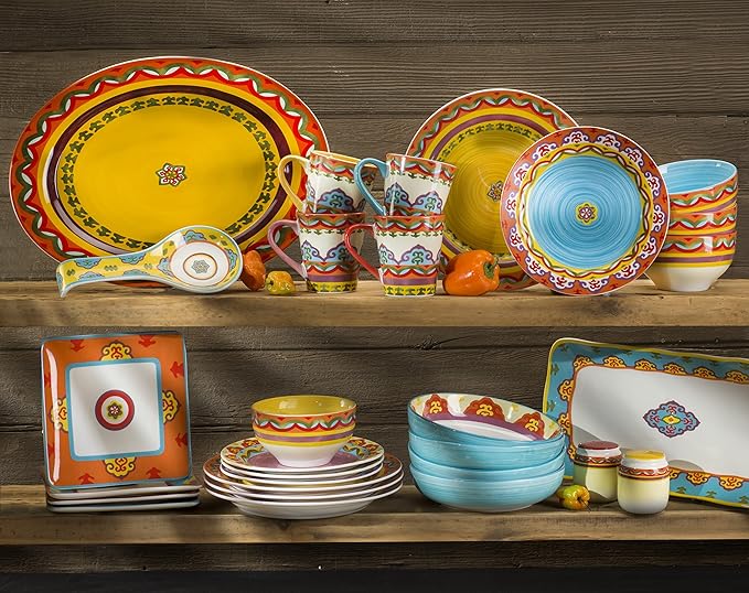 Euro Ceramica EC-GAL-1001 Galicia Collection Andalusian-Inspired 16 Piece Dinnerware Set Vibrant Assorted Patterns Multicolor