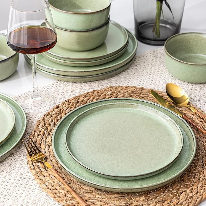GBHOME Ceramic Dinnerware Sets for 6 18 Pieces Stoneware Plates and Bowls Sets Scratch Resistant Dishes Dishwasher &amp Microwave Safe-Pastel Green