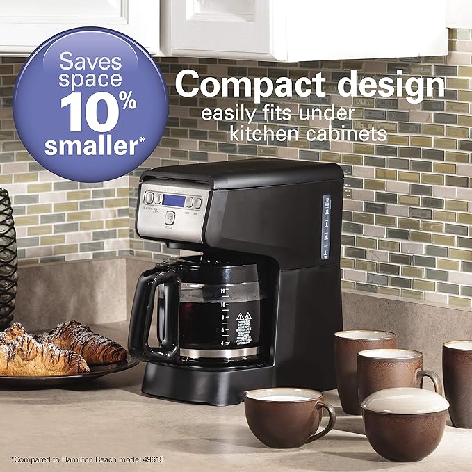 Hamiton Beach 12 Cup Compact Programmable Drip Coffee Maker with No-Drip Burosilicate Glass Carafe 2-Hour Auto Shutoff Space-Saving Design Black with Stainless Steel Accents (46200)