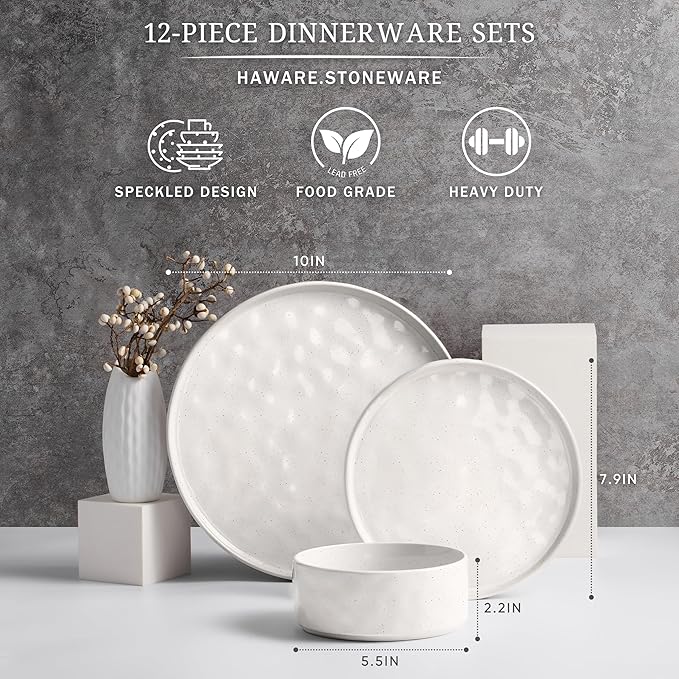 HaWare Dinnerware Sets 12-Piece Plates and Bowls Set Stoneware Dish Set for 4 Ceramic Dinnerware for Home Restaurant Chip and Scratch Resistant Microwave and Dishwasher Safe Speckled White
