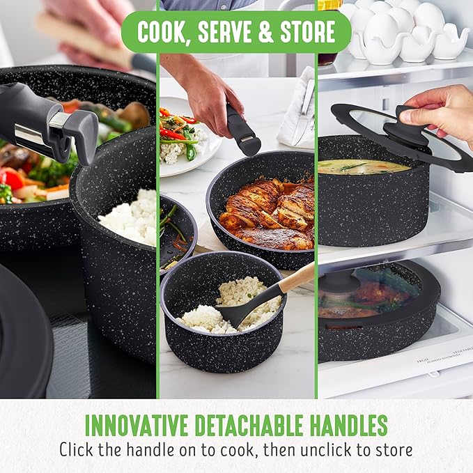 GreenLife 10 Piece Nonstick Pots &amp Pans Set Detachable Handle &amp Stackable Cookware Set Non Toxic PFAS-Free Skillets Induction Kitchen Pans Space Saving Serving Bowls Oven Safe Granite B