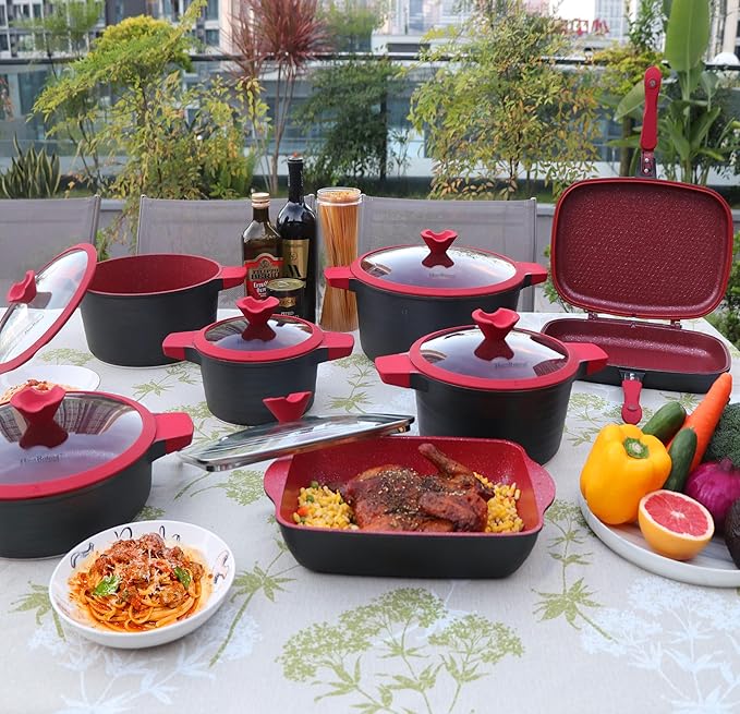 Lorren Home Trends Die-Cast Aluminum Cookware Set 14 Piece Non-Stick Induction Compatible Red