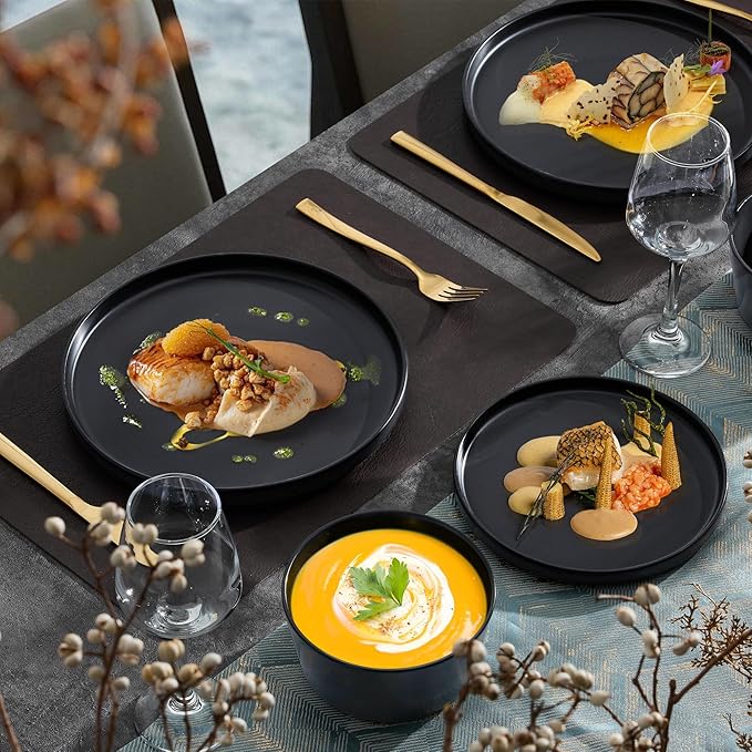 Vesteel Dinnerware Sets for 4 12Pcs Stoneware Plates and Bowls Sets Elegant Tableware set for Home Restaurant Chip &amp Scratch Resistant Dishes Set Black