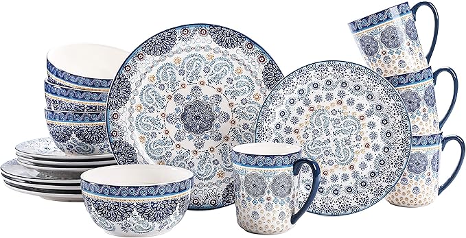 Bico Blue Talavera Ceramic 16 pcs Dinnerware Set Service for 4 Inclusive of 11 inch Dinner Plates 8.75 inch Salad Plates 26oz Cereal Bowls and Mugs for Party Microwave &amp Dishwasher Safe
