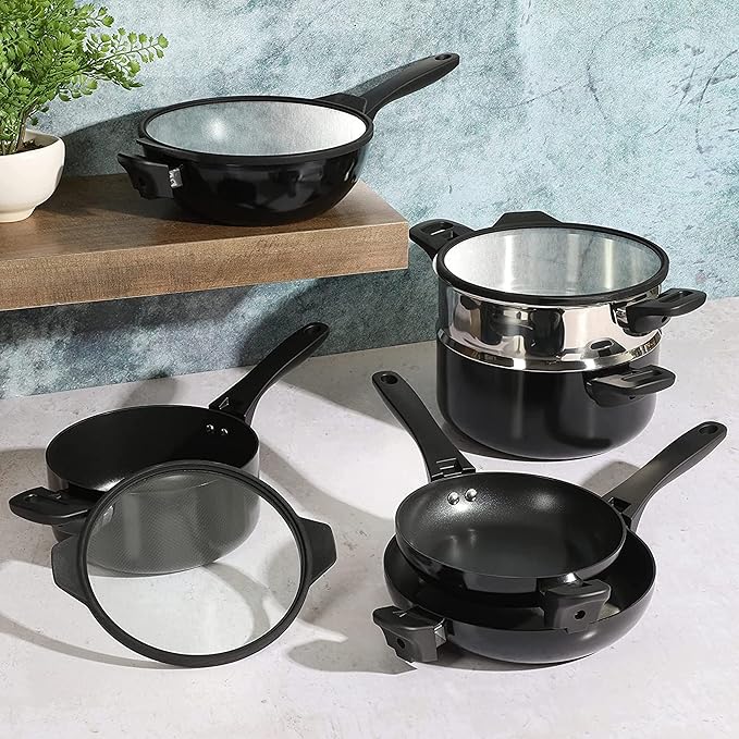 9 Piece Nonstick Stackable Cookware Set in Black Stainless Steel Non-Stick Surface