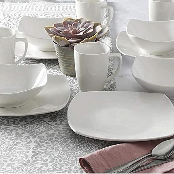 Gibson Home 102539.16RM Classic Porcelain Zen Buffet 16 Piece Square Dinnerware Set with Multi Sized Plates Bowls and Mugs White (2 Pack)