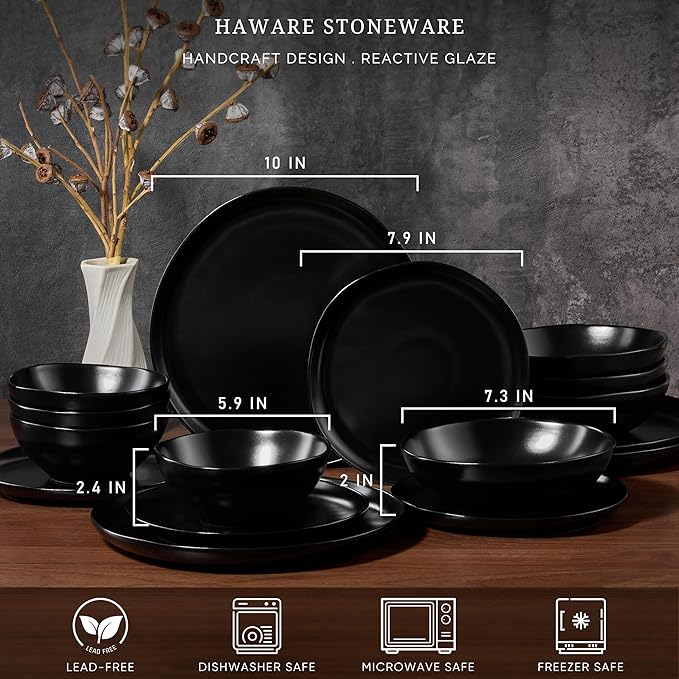 HaWare Plates and Bowls Set Stoneware Dinnerware Sets 16-Piece Hand-painted Dishware for 4 Ceramic Dish Set for Home Kitchen Scratch Resistant Microwave and Dishwasher Safe Matte Black