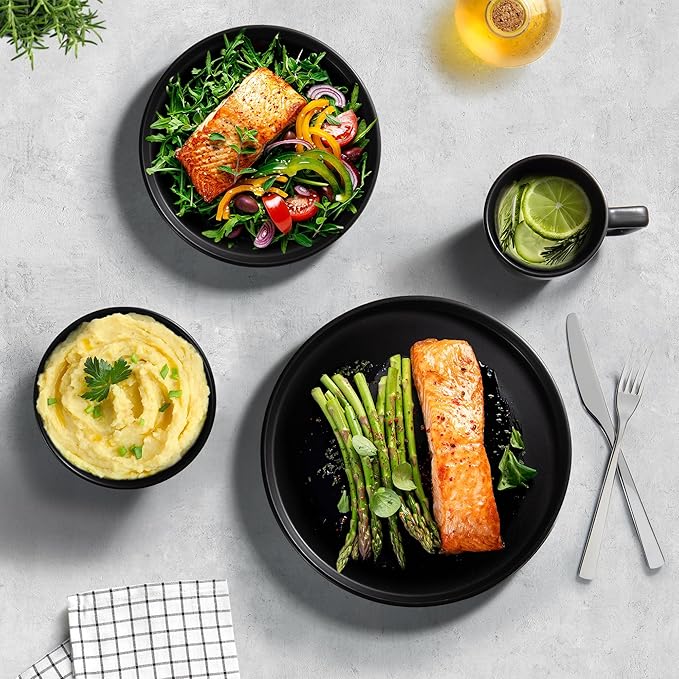 Zulay Kitchen Terra Plates and Bowls Sets 16 Piece Modern Stoneware Dish Set for 4 Chip and Scratch Resistant Ceramic Dinnerware Set Microwave and Dishwasher Safe Matte Black