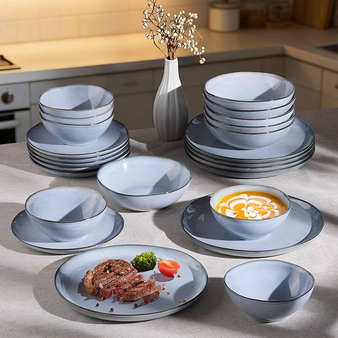 Herogo Stoneware Dinnerware Sets for 6 24 Piece Ceramic Dinner Dishes Set Irregular Handmade Plates and Bowls Dishware Crack and Scratch Resistant Reactive Glaze Smoky Blue