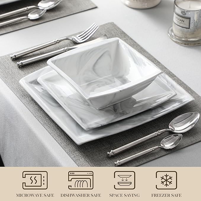 MALACASA Plates and Bowls Sets 12-Piece Porcelain Dinnerware Sets for 4 Square Plates and Bowls for Dessert Salad and Soup Ceramic Dishes Dining Dishware Set Marble Grey Series Blance