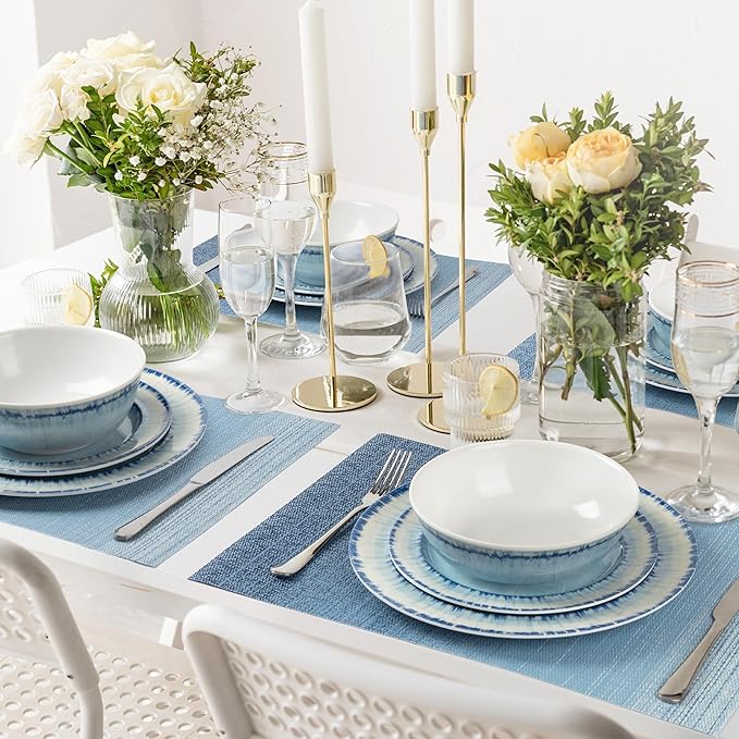 AELS Melamine Dinnerware Set of 12 Pcs Dinner Dishes Set with 4 Placemats for Indoor and Outdoor Use Dishwasher Safe Lightweight Unbreakable BPA Free Light Blue