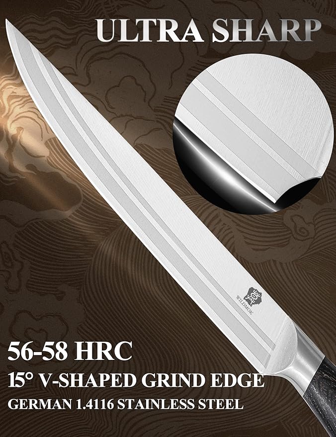 WILDMOK Carving Knife 8 Inch Profession Meat Cutting Knife German Stainless Steel BBQ Knife with Ergonomic Handle Gifts Packed