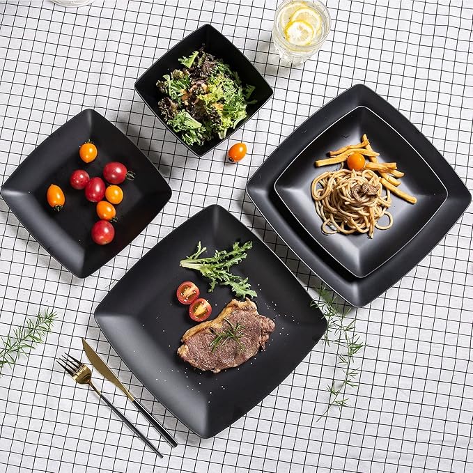 Melamine 12pcs Classic Square Dinnerware Set Concise Plates and Bowls Set Service for 4 Dishwasher Safe Black