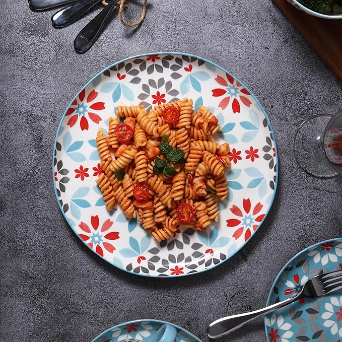 Lorren Home Trends Floral Bone China Dinnerware Set 12 Piece Service for 4 Blue Red Gray Pattern Dishwasher Microwave Safe