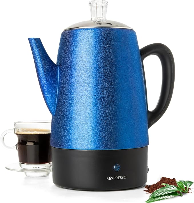 Mixpresso 10 Cup Percolator Coffee Pot Electric Stainless Steel Coffee Percolator Electric With Keep Warm Function Classic Perculator Pot With Removable Basket for Home or Office - Shiny Blue