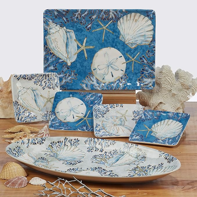 Playa Shells 16-Piece Coastal Dinnerware Set Service for 4 – Ceramic Plates Bowls &amp Mugs with Beach Shell Art – Great for Everyday Dining Entertaining Beach House or Nautical Décor