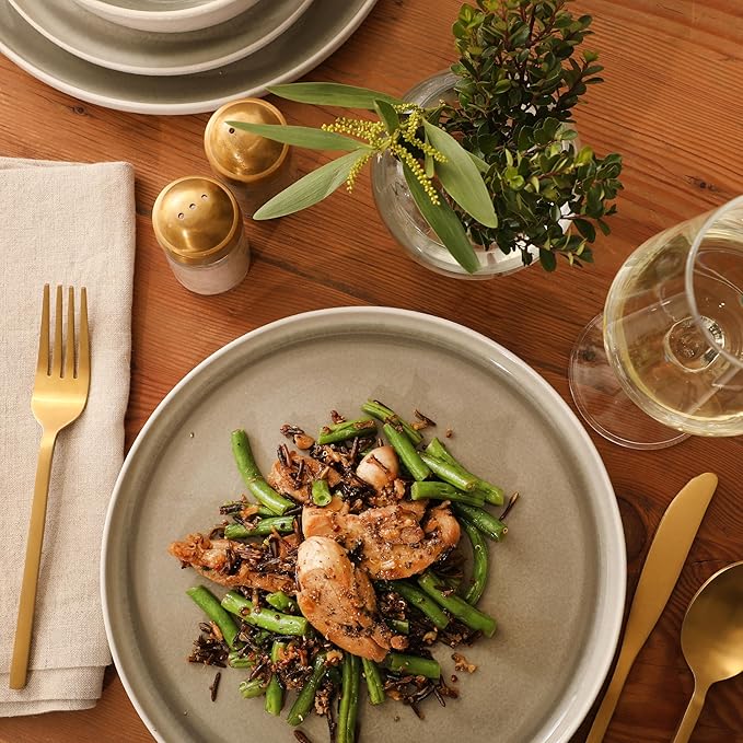 Gibson Elite Tahoe Sunset 12-Piece Reactive Stoneware Dinnerware Set – Matte Exterior &amp Shiny Interior Plates and Bowls Durable Everyday Dish Set Microwave &amp Dishwasher Safe - Grey