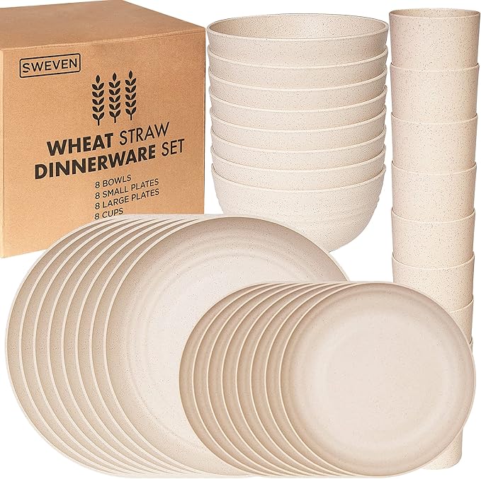 Wheat Straw Dinnerware Sets | Unbreakable Dinnerware Sets | Dishwasher Microwave Safe Dinnerware | Eco Friendly Non Breakable Dinnerware Sets | RV Outdoor Camping (Beige Service for 8 (32 pcs))